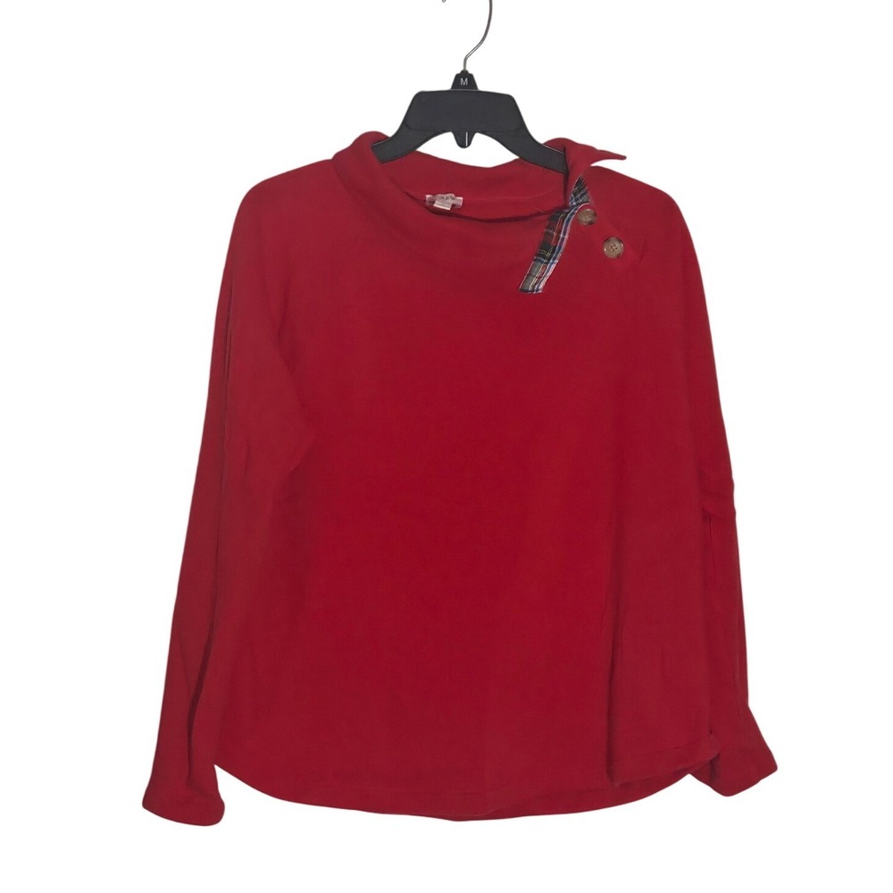 J Crew Red Plaid Button Mock Neck Long Sleeve Fleece Sweatshirt Size Medium